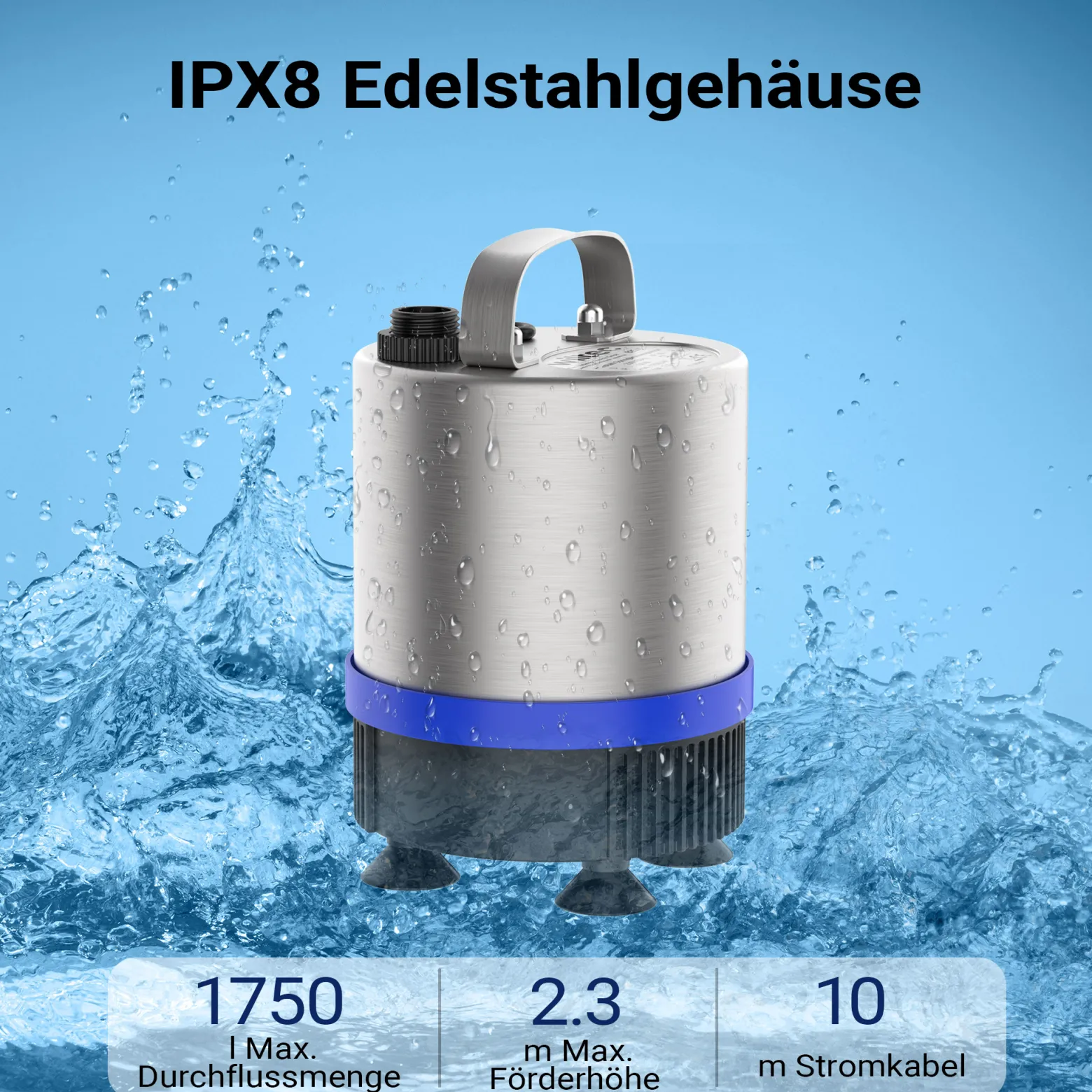 Wiltec Edelstahl Springbrunnenpumpe 50 W 1750 l/h, max. Fontänenhöhe 1,6 m, Teichpumpe inkl. 3 Aufsätze für verschiedene Fontänen, Aquariumpumpe