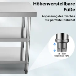 Wiltec Edelstahl Tisch Arbeitstisch Edelstahltisch mit 2 Ablagen 120x60x85cm für Gastro Küche Werkstatt Garten Keller mit höhenverstellbare Füßen