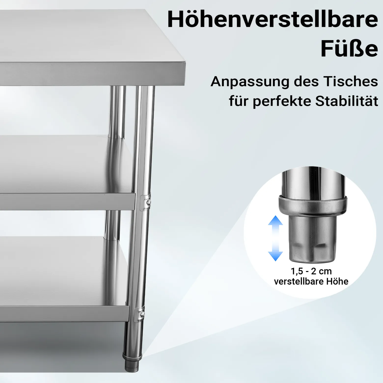 Wiltec Edelstahl Tisch Arbeitstisch Edelstahltisch mit 2 Ablagen 120x60x85cm für Gastro Küche Werkstatt Garten Keller mit höhenverstellbare Füßen