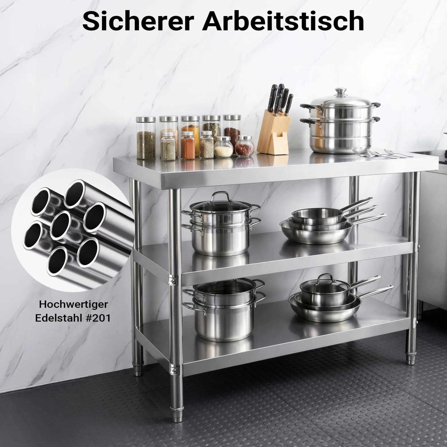 Wiltec Edelstahl Tisch Arbeitstisch Edelstahltisch mit 2 Ablagen 120x60x85cm für Gastro Küche Werkstatt Garten Keller mit höhenverstellbare Füßen