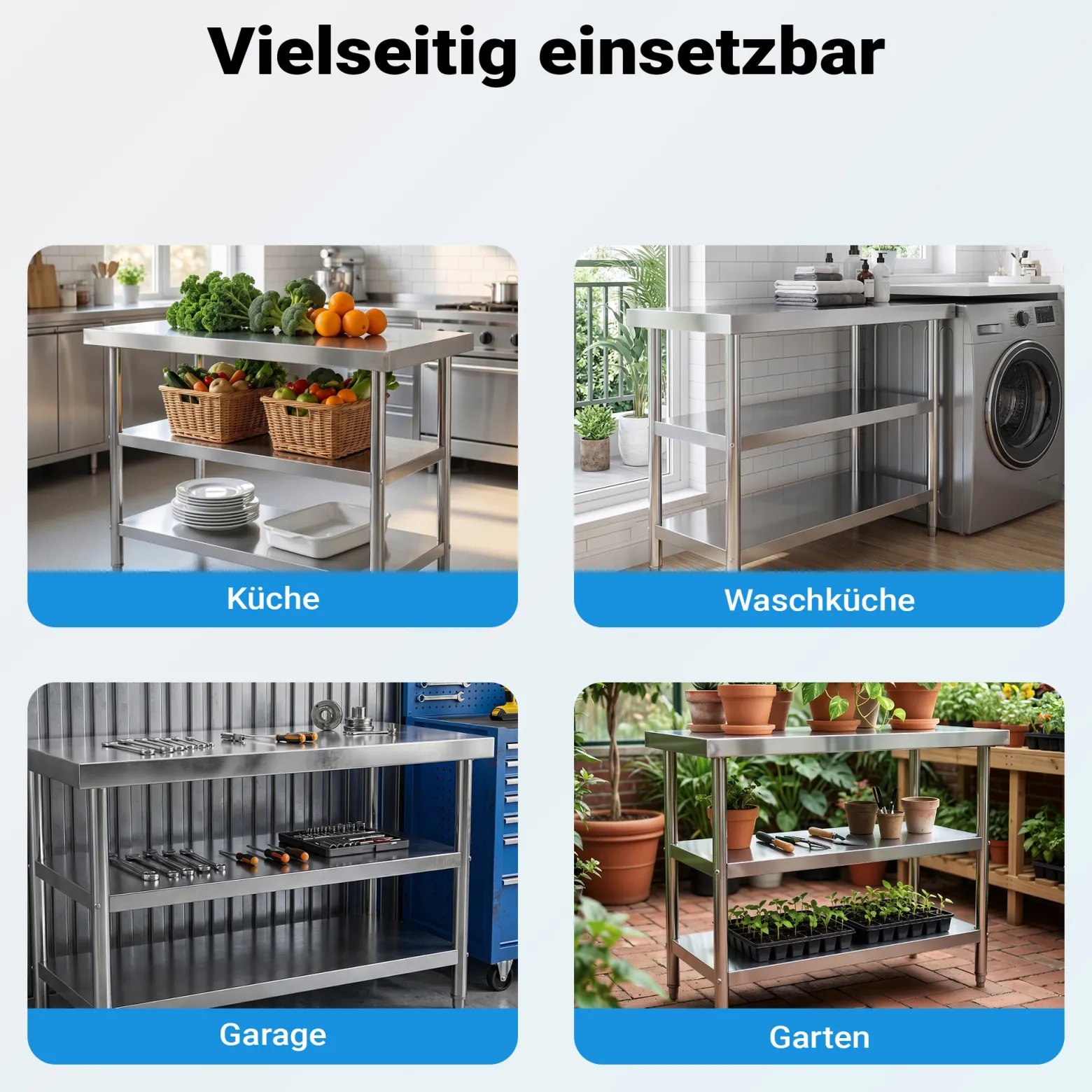 Wiltec Edelstahl Tisch Arbeitstisch Edelstahltisch mit 2 Ablagen 120x60x85cm für Gastro Küche Werkstatt Garten Keller mit höhenverstellbare Füßen
