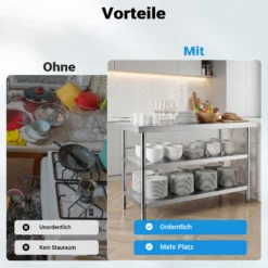 Wiltec Edelstahl Tisch Arbeitstisch Edelstahltisch mit 2 Ablagen 120x60x85cm für Gastro Küche Werkstatt Garten Keller mit höhenverstellbare Füßen