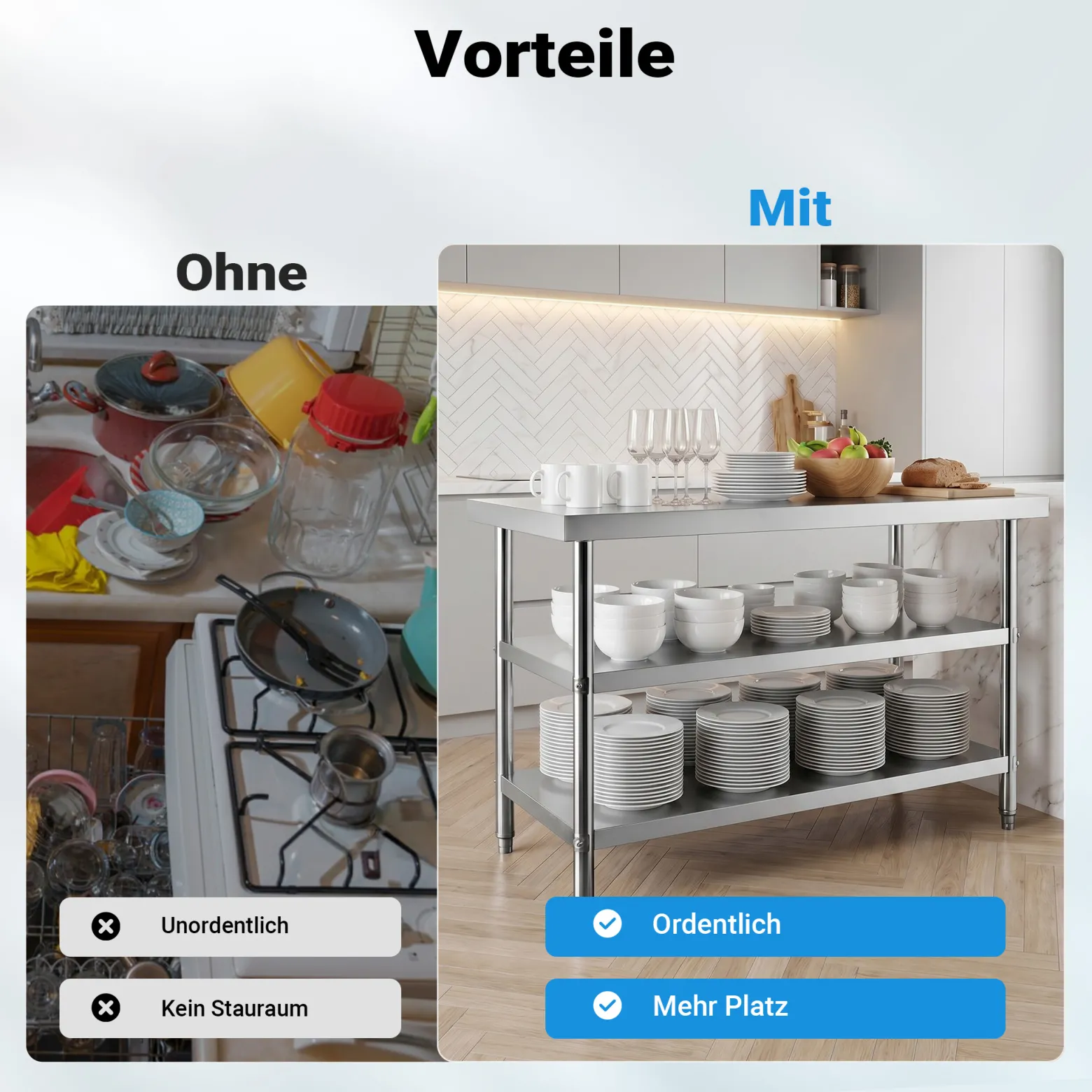 Wiltec Edelstahl Tisch Arbeitstisch Edelstahltisch mit 2 Ablagen 120x60x85cm für Gastro Küche Werkstatt Garten Keller mit höhenverstellbare Füßen