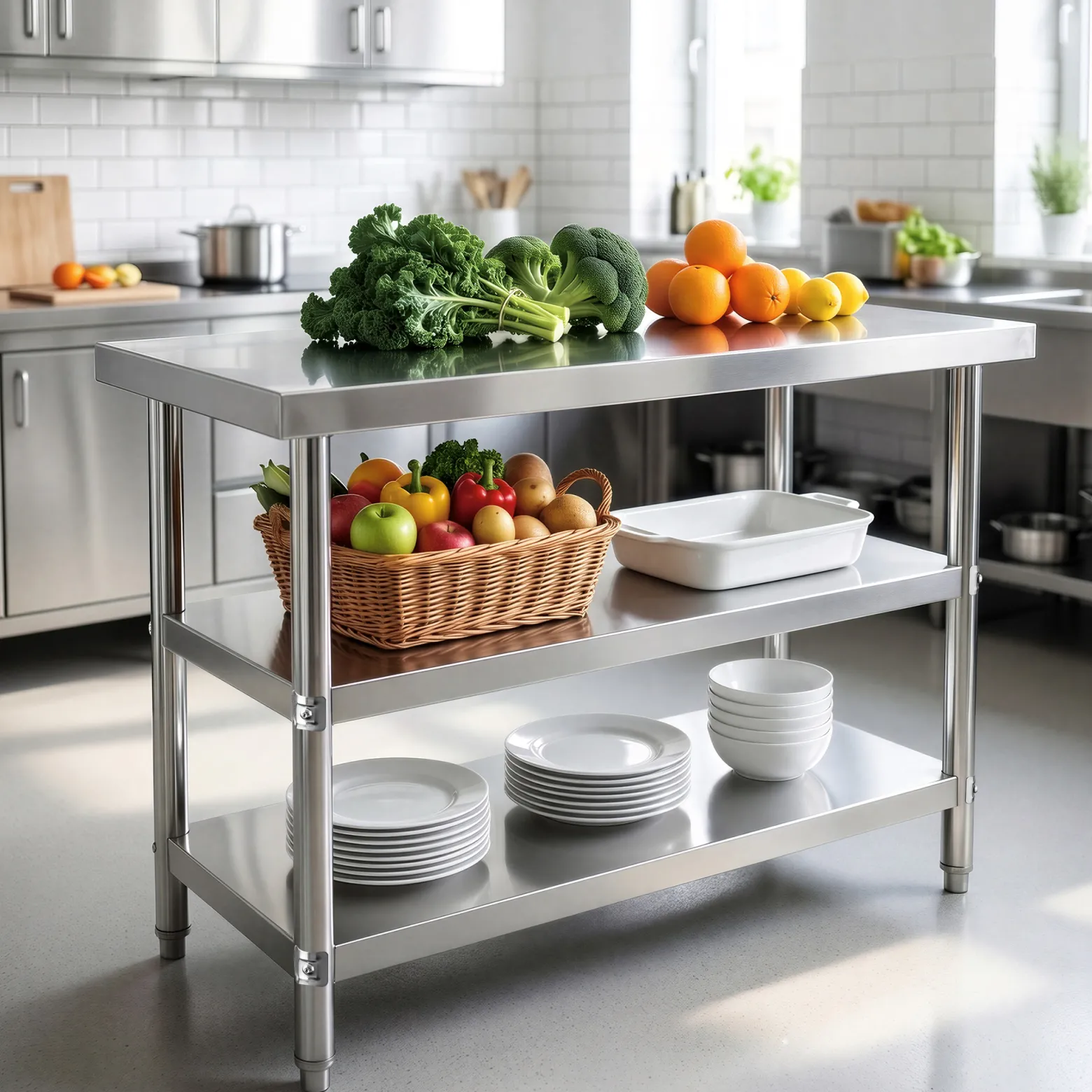 Wiltec Edelstahl Tisch Arbeitstisch Edelstahltisch mit 2 Ablagen 120x60x85cm für Gastro Küche Werkstatt Garten Keller mit höhenverstellbare Füßen