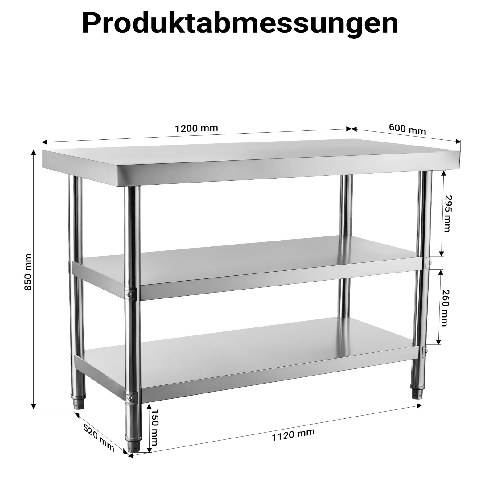 Wiltec Edelstahl Tisch Arbeitstisch Edelstahltisch mit 2 Ablagen 120x60x85cm für Gastro Küche Werkstatt Garten Keller mit höhenverstellbare Füßen