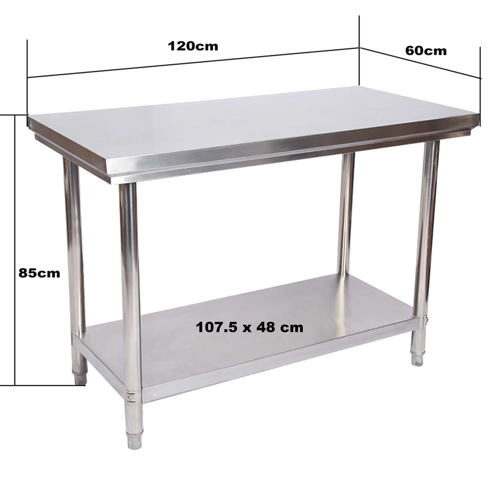 Wiltec Edelstahl Tisch Arbeitstisch Edelstahltisch mit Ablage 120x60x85cm für Gastro Küche Werkstatt Garten Keller mit höhenverstellbare Füßen