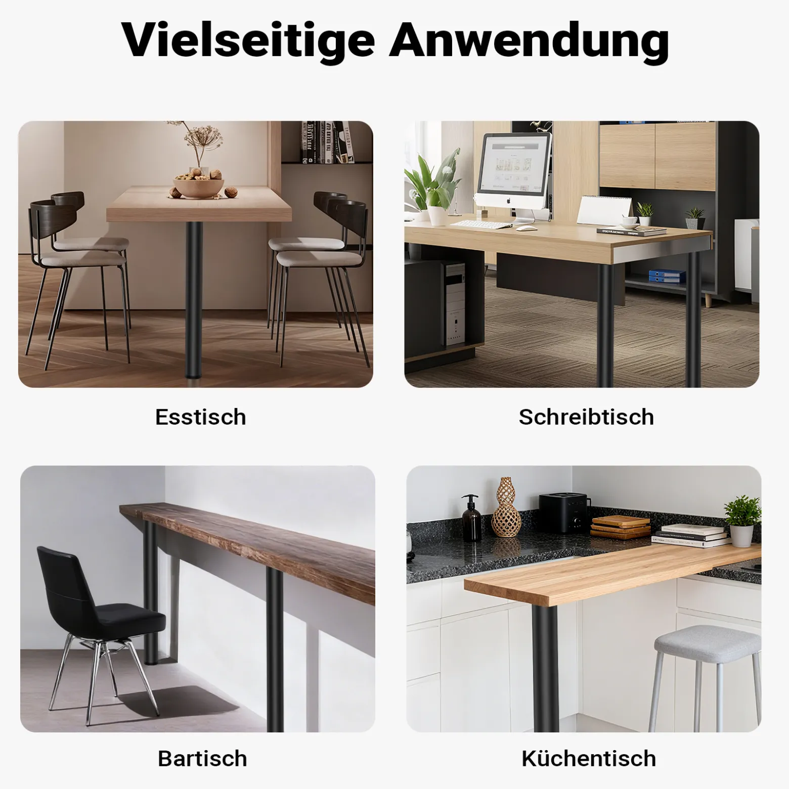 Wiltec Edelstahl Tischbein Set, schwarz, 4 Möbelfüße Ø 60 mm und mit verstellbarer Länge 710-740 mm, bis 200 kg Tragkraft
