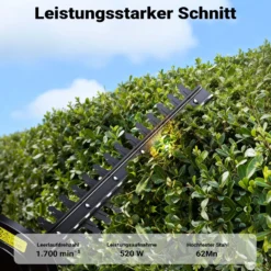 Wiltec Elektrische Heckenschere 520 W, Heckenschneider mit Schnittlänge 450 mm, Heckensäge mit Schnellstopp-Bremse, Freischneider mit Handschutz