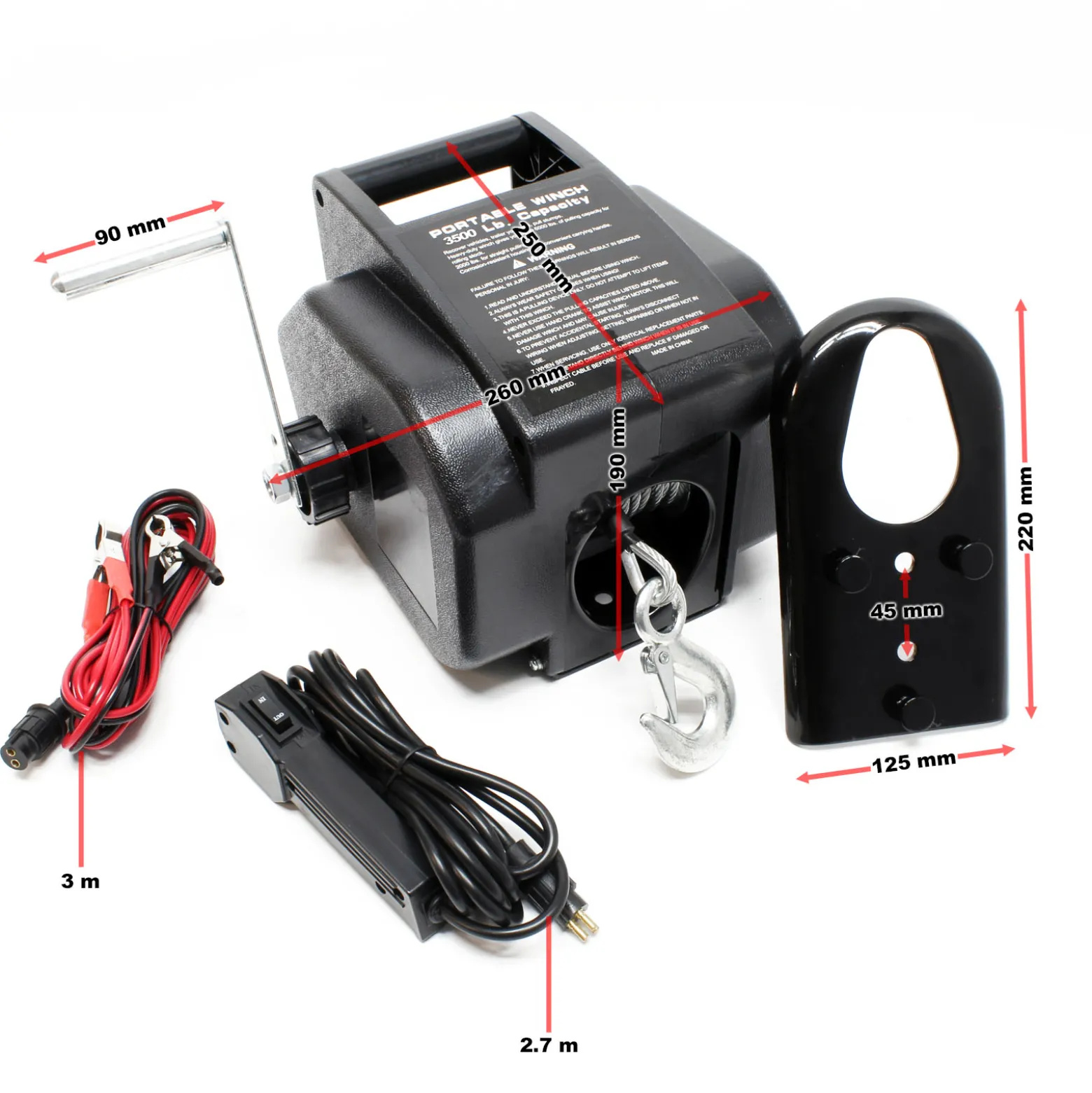 Wiltec Elektrische Seilwinde 12V 280W bis 4990kg, 1,38m/min, Motorwinde 10,5m Stahlseil, Elektroseilwinde mit Haken und Fernbedienung
