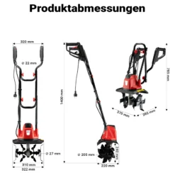 Wiltec Elektro Bodenfräse 1050 W mit 380 U/min, Kultivator mit 220 mm Arbeitstiefe, Gartenfräse mit 16 Klingen, Bodenhacke mit ergonomischem Handgriff