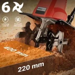 Wiltec Elektro Gartenhacke 1500 W mit 400 U/min, elektrische Gartenfräse mit 220 mm Arbeitstiefe, Motorhacke mit 24 Klingen, Bodenfräse auf Rädern