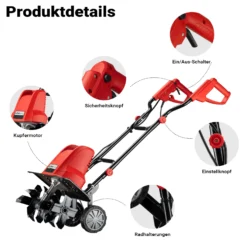 Wiltec Elektro Gartenhacke 1500 W mit 400 U/min, elektrische Gartenfräse mit 220 mm Arbeitstiefe, Motorhacke mit 24 Klingen, Bodenfräse auf Rädern