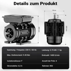 Wiltec Elektromotor 1-phasig, Elektro Motor 4-polig 0,75 kW, Einphasen Wechselstrommotor 1400 U/min, Induktionsmotor Aluminium, kompakter Motor