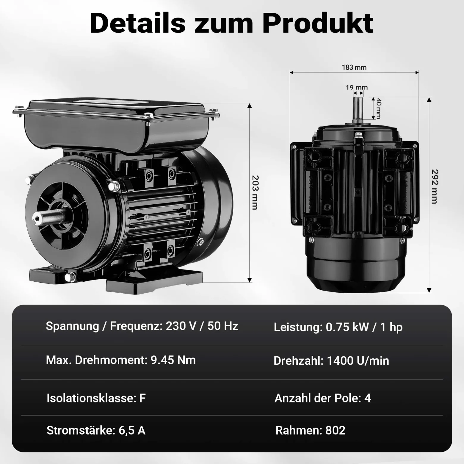 Wiltec Elektromotor 1-phasig, Elektro Motor 4-polig 0,75 kW, Einphasen Wechselstrommotor 1400 U/min, Induktionsmotor Aluminium, kompakter Motor