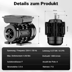 Wiltec Elektromotor 1-phasig, Elektro Motor 4-polig 0,37 kW, Einphasen Wechselstrommotor 1400 U/min, Induktionsmotor Aluminium, kompakter Motor