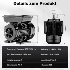 Wiltec Elektromotor 1-phasig, Elektro Motor 4-polig 1,1 kW, Einphasen Wechselstrommotor 1450 U/min, Induktionsmotor Aluminium, kompakter Motor