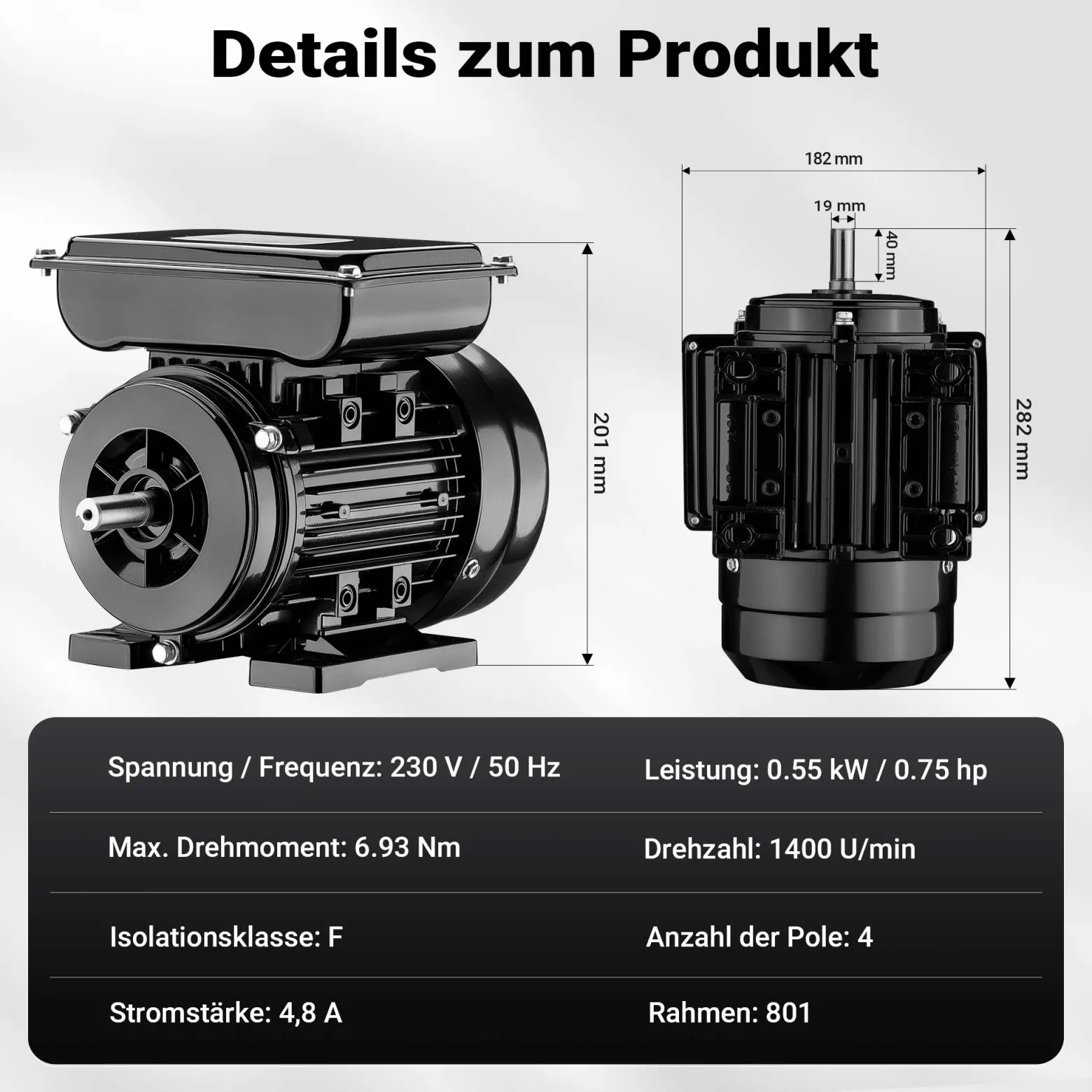 Wiltec Elektromotor 1-phasig, Elektro Motor 4-polig 0,55 kW, Einphasen Wechselstrommotor 1400 U/min, Induktionsmotor Aluminium, kompakter Motor