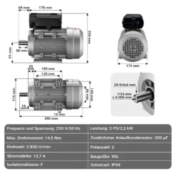 Wiltec Elektromotor 230 V 2,2 kW (3 PS) 1-phasig 2-polig E-Motor mit Anlaufkondensator 2850 U/min und Aluminiumwicklung