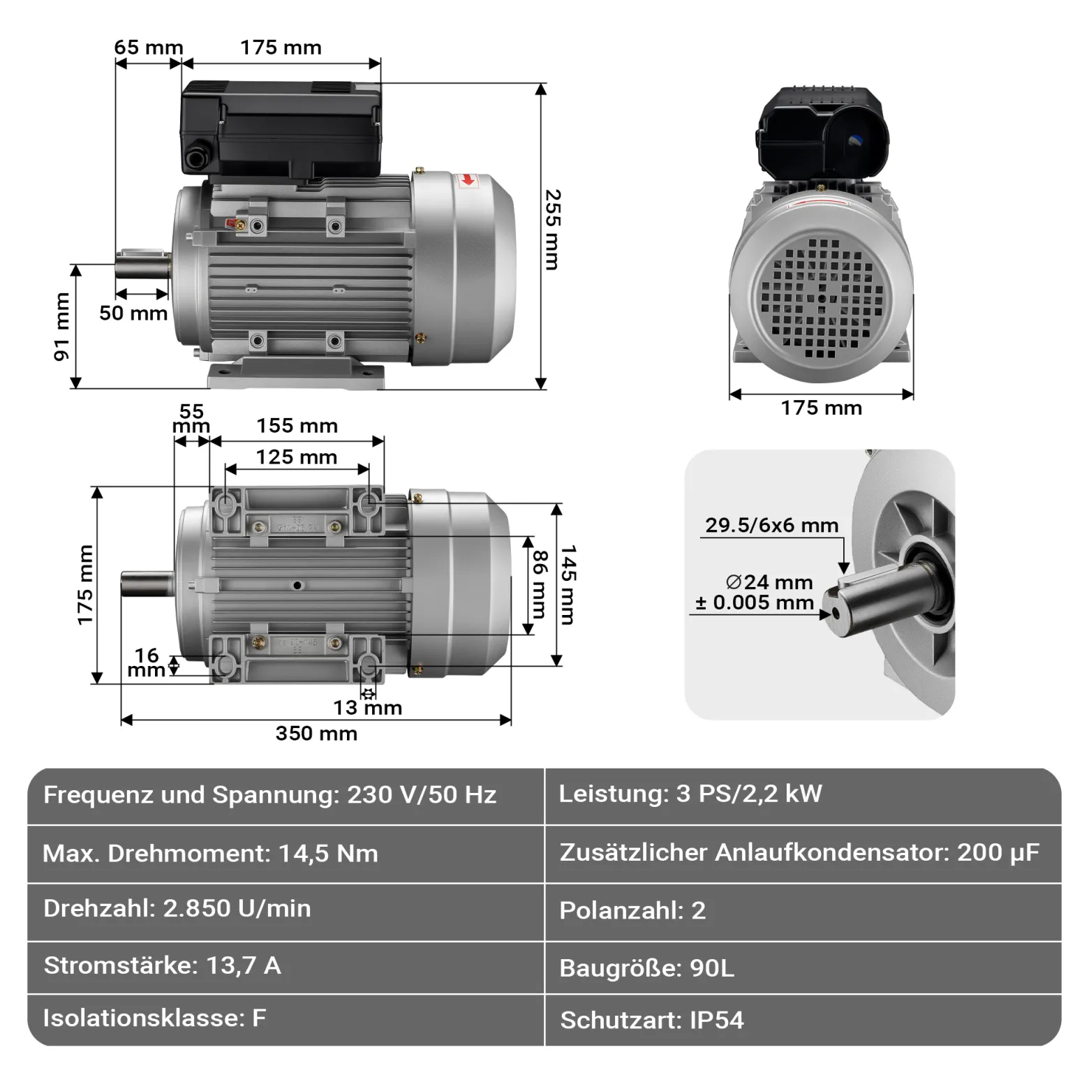 Wiltec Elektromotor 230 V 2,2 kW (3 PS) 1-phasig 2-polig E-Motor mit Anlaufkondensator 2850 U/min und Aluminiumwicklung
