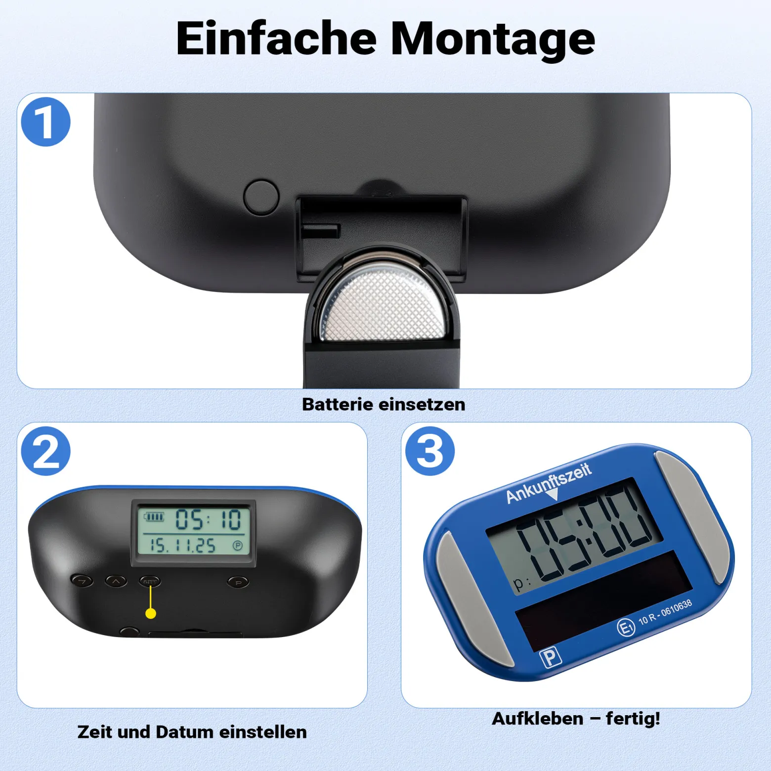 Wiltec Elektronische Parkscheibe mit Solarpanel – Digitale Parkuhr mit automatischer Zeitumschaltung und KBA-Zulassung