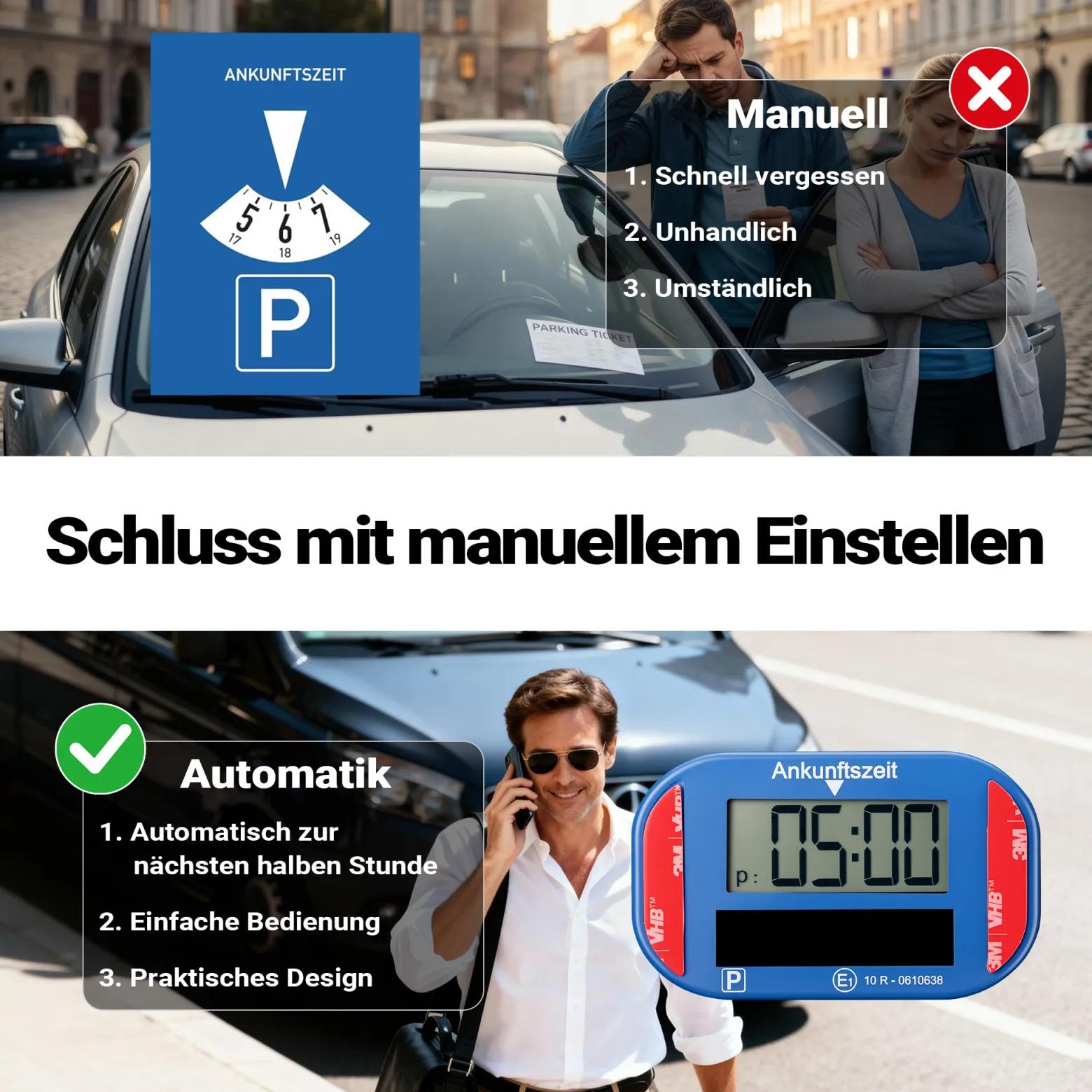 Wiltec Elektronische Parkscheibe mit Solarpanel – Digitale Parkuhr mit automatischer Zeitumschaltung und KBA-Zulassung