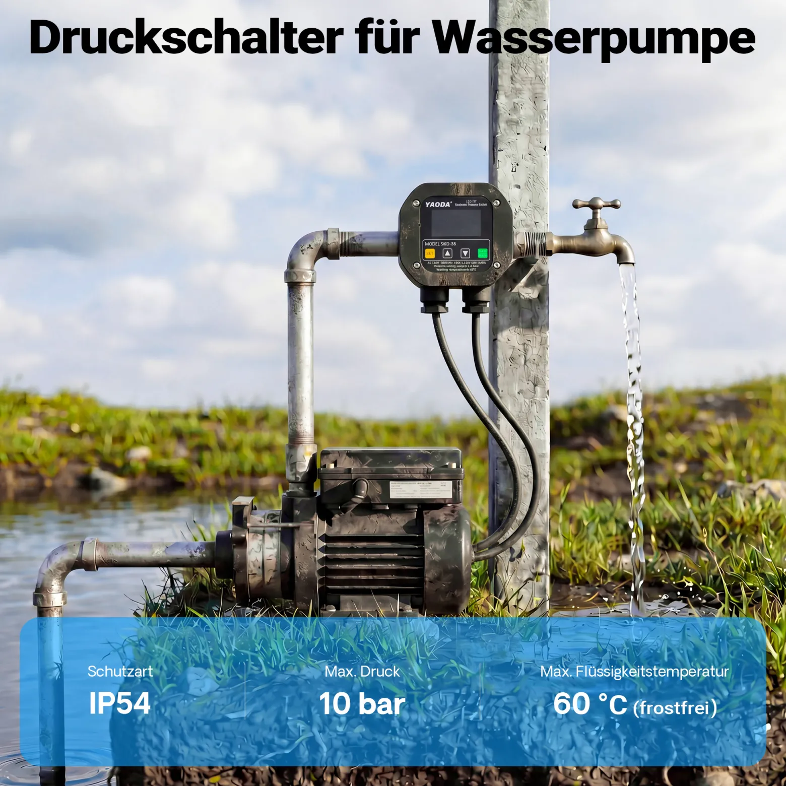 Wiltec elektronischer Druckschalter für Hauswasserwerk, Gartenpumpe, Wasserdruckschalter automatischer Start/Stopp, Wassermangelsicherung, Drucksensor