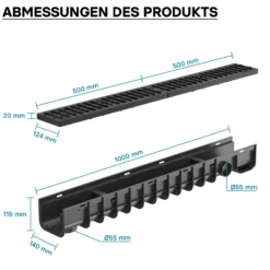 Wiltec Entwässerungsrinne 1 m mit Abdeckrost aus Gusseisen – 12,5 t Traglast – Ablaufrinne für Abwasser und Regenwasser – Abwasserrinne
