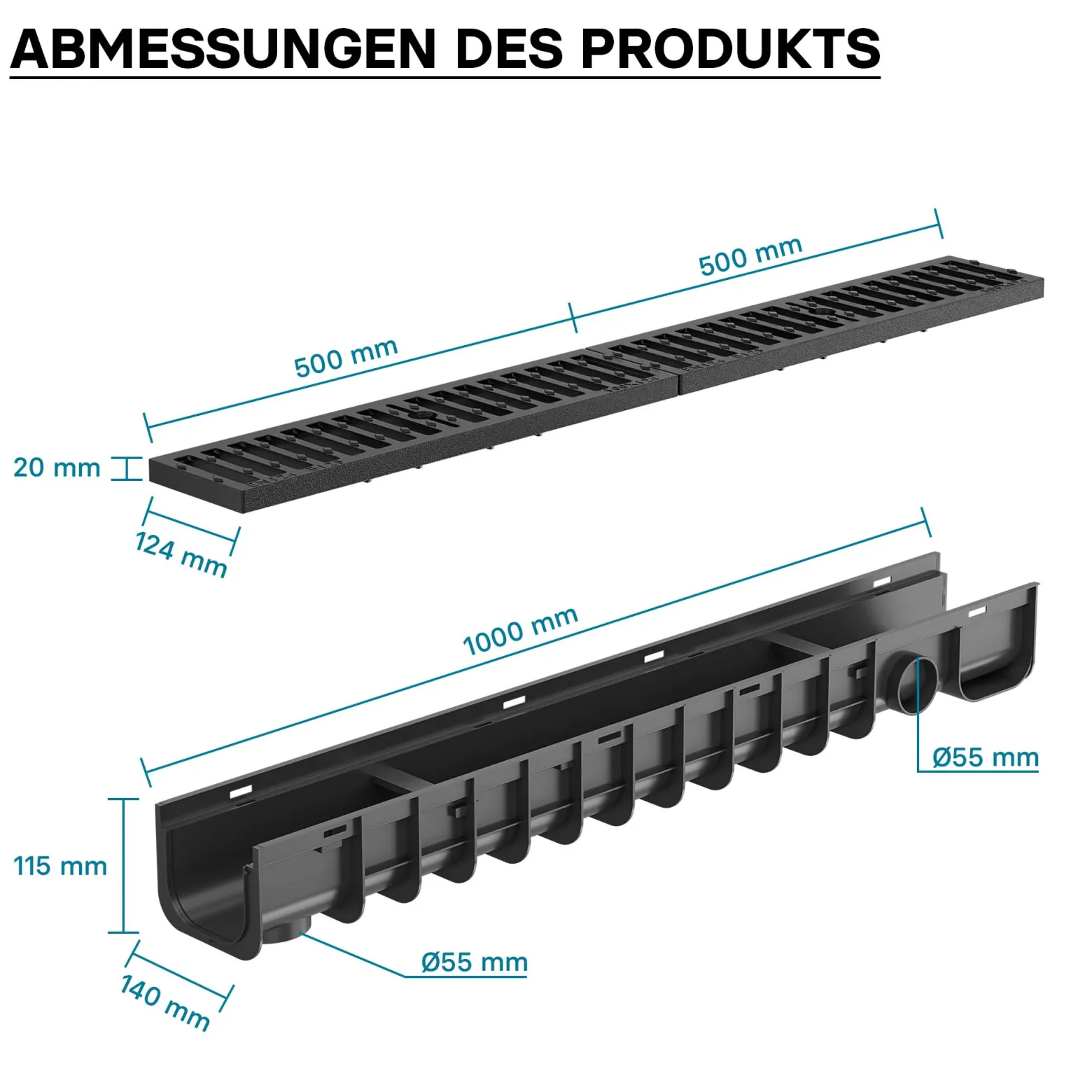Wiltec Entwässerungsrinne 1 m mit Abdeckrost aus Gusseisen – 25 t Traglast – Ablaufrinne für Abwasser und Regenwasser – Abwasserrinne