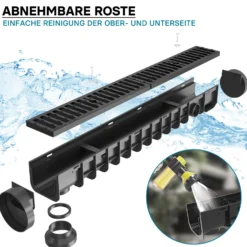 Wiltec Entwässerungsrinne 1 m mit Abdeckrost aus Gusseisen – 25 t Traglast – Ablaufrinne für Abwasser und Regenwasser – Abwasserrinne