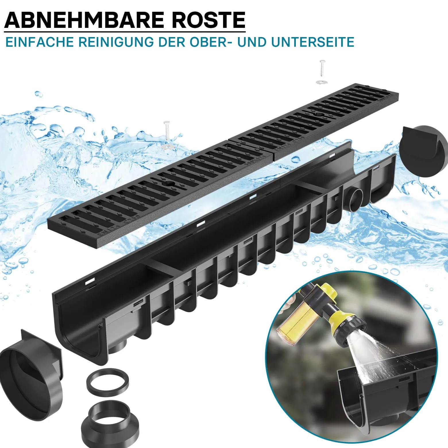 Wiltec Entwässerungsrinne 1 m mit Abdeckrost aus Gusseisen – 25 t Traglast – Ablaufrinne für Abwasser und Regenwasser – Abwasserrinne