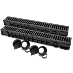 Wiltec Entwässerungsrinne 2x 1 m mit Abdeckrost aus Gusseisen – 25 t Traglast – Ablaufrinne für Abwasser und Regenwasser – Abwasserrinne