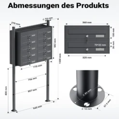 Wiltec 10er Briefkastenanlage Anthrazit 945 x 270 x 1500 mm, Standbriefkasten mit 2x5 Fächern, Schlüssel und Namensschild, Briefkasten Postkasten mit Ständer