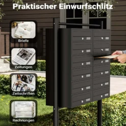 Wiltec 12er Briefkastenanlage schwarz 945 x 270 x 1500 mm, Standbriefkasten mit 2x6 Fächern, Schlüssel und Namensschild, Briefkasten Postkasten mit Ständer