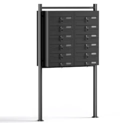 Wiltec 12er Briefkastenanlage schwarz 945 x 270 x 1500 mm, Standbriefkasten mit 2x6 Fächern, Schlüssel und Namensschild, Briefkasten Postkasten mit Ständer