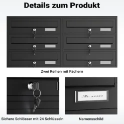 Wiltec 12er Briefkastenanlage schwarz 945 x 270 x 1500 mm, Standbriefkasten mit 2x6 Fächern, Schlüssel und Namensschild, Briefkasten Postkasten mit Ständer