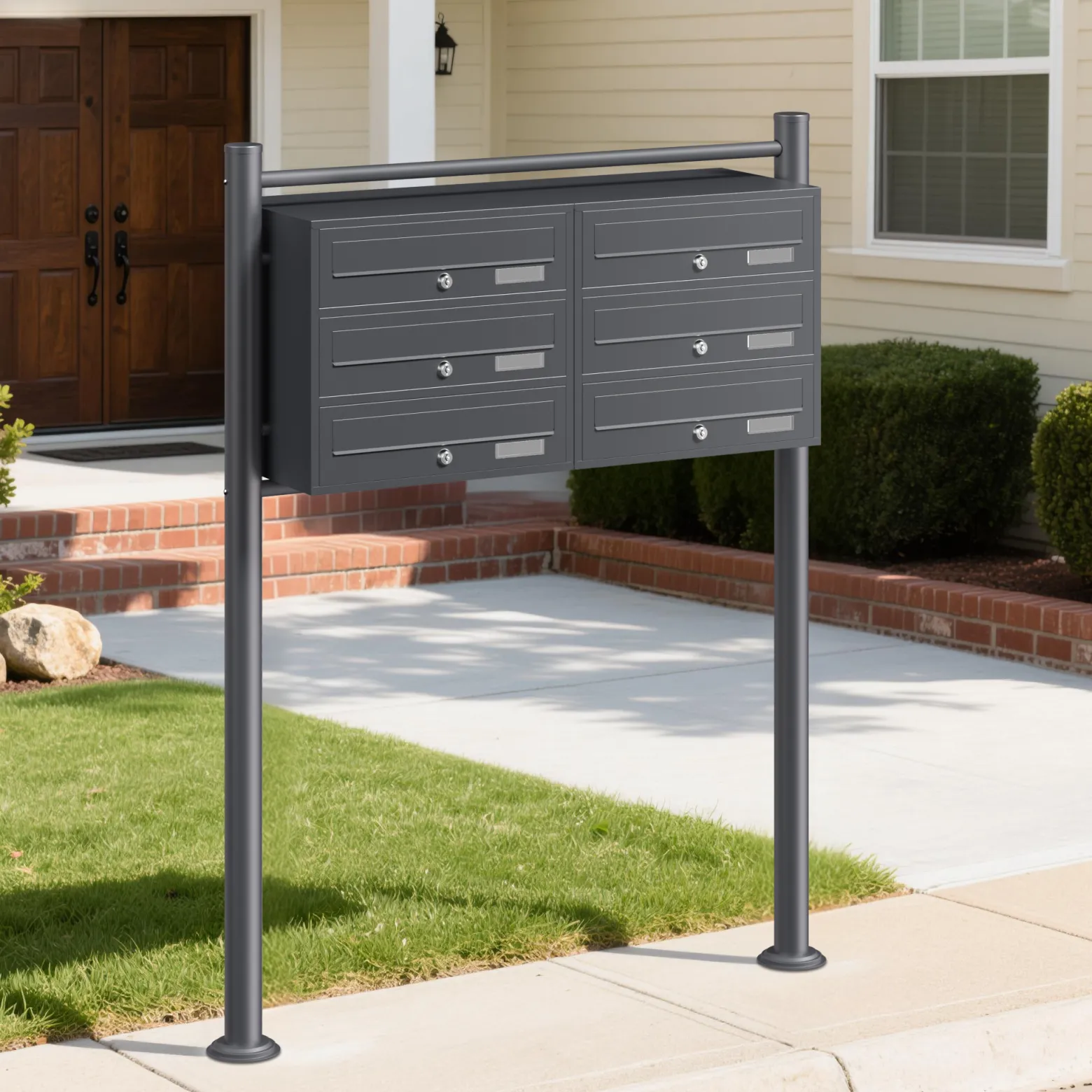 Wiltec 6er Briefkastenanlage Anthrazit 945 x 270 x 1200 mm, Standbriefkasten mit 2x3 Fächern, Schlüssel und Namensschild, Briefkasten Postkasten mit Ständer