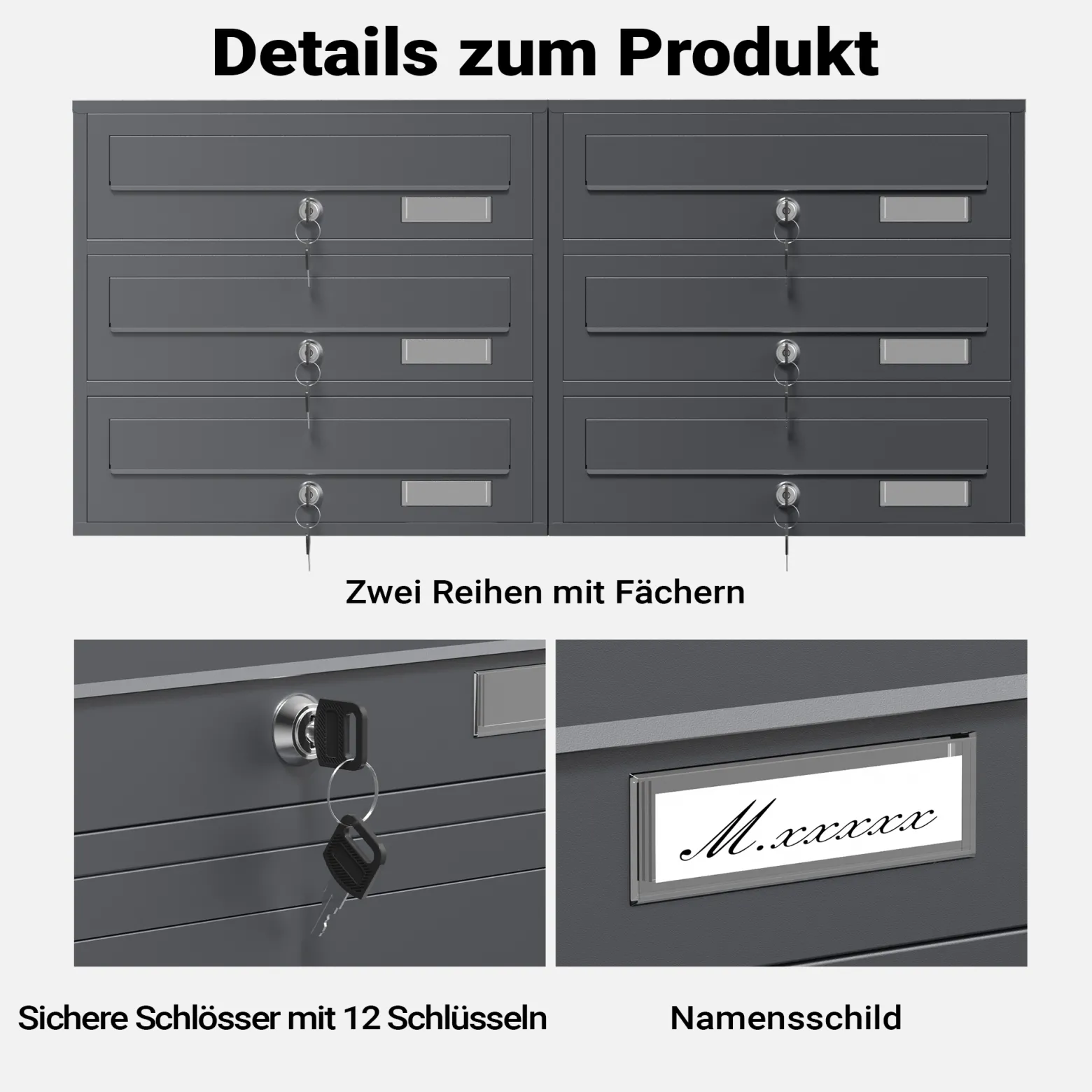 Wiltec 6er Briefkastenanlage Anthrazit 945 x 270 x 1200 mm, Standbriefkasten mit 2x3 Fächern, Schlüssel und Namensschild, Briefkasten Postkasten mit Ständer