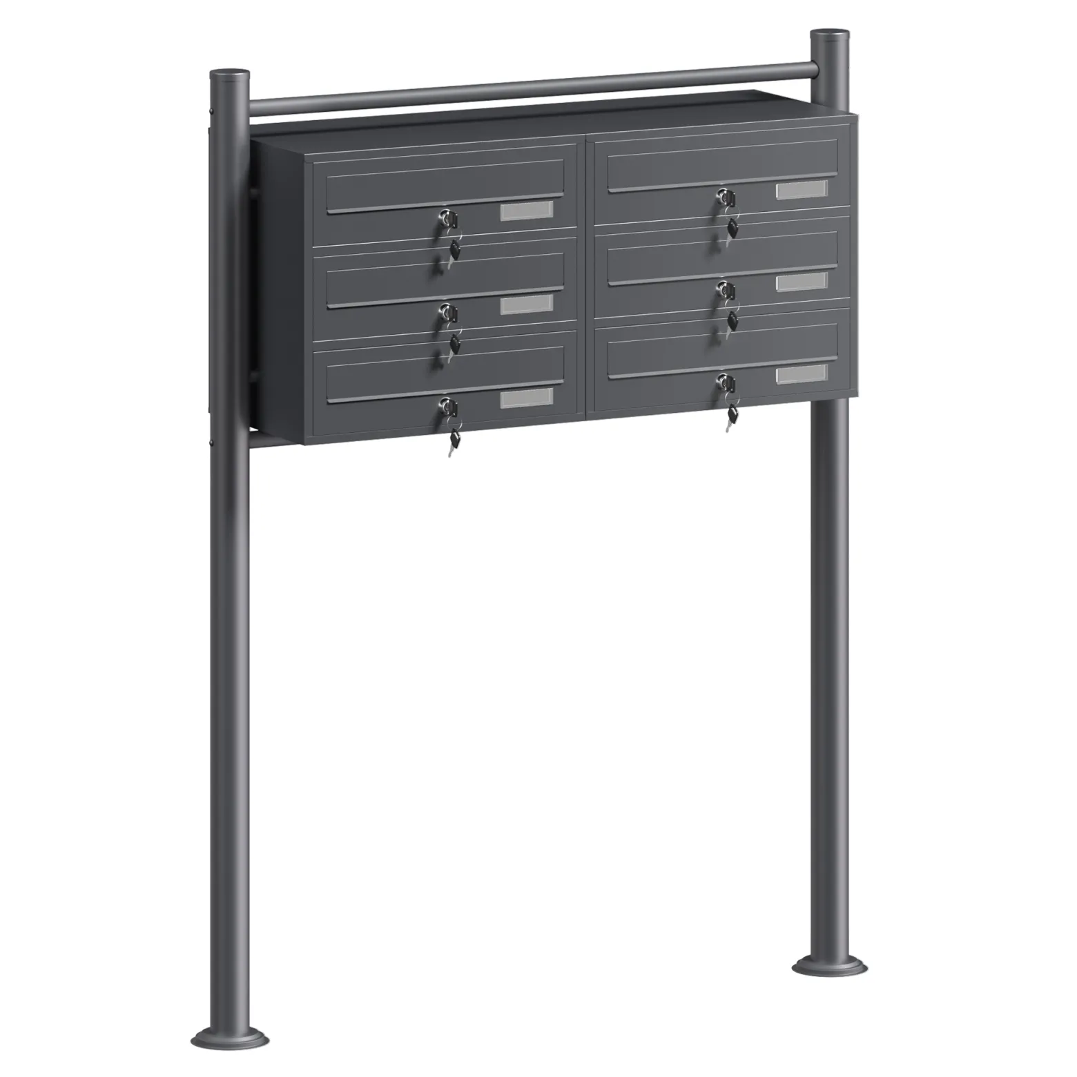 Wiltec 6er Briefkastenanlage Anthrazit 945 x 270 x 1200 mm, Standbriefkasten mit 2x3 Fächern, Schlüssel und Namensschild, Briefkasten Postkasten mit Ständer