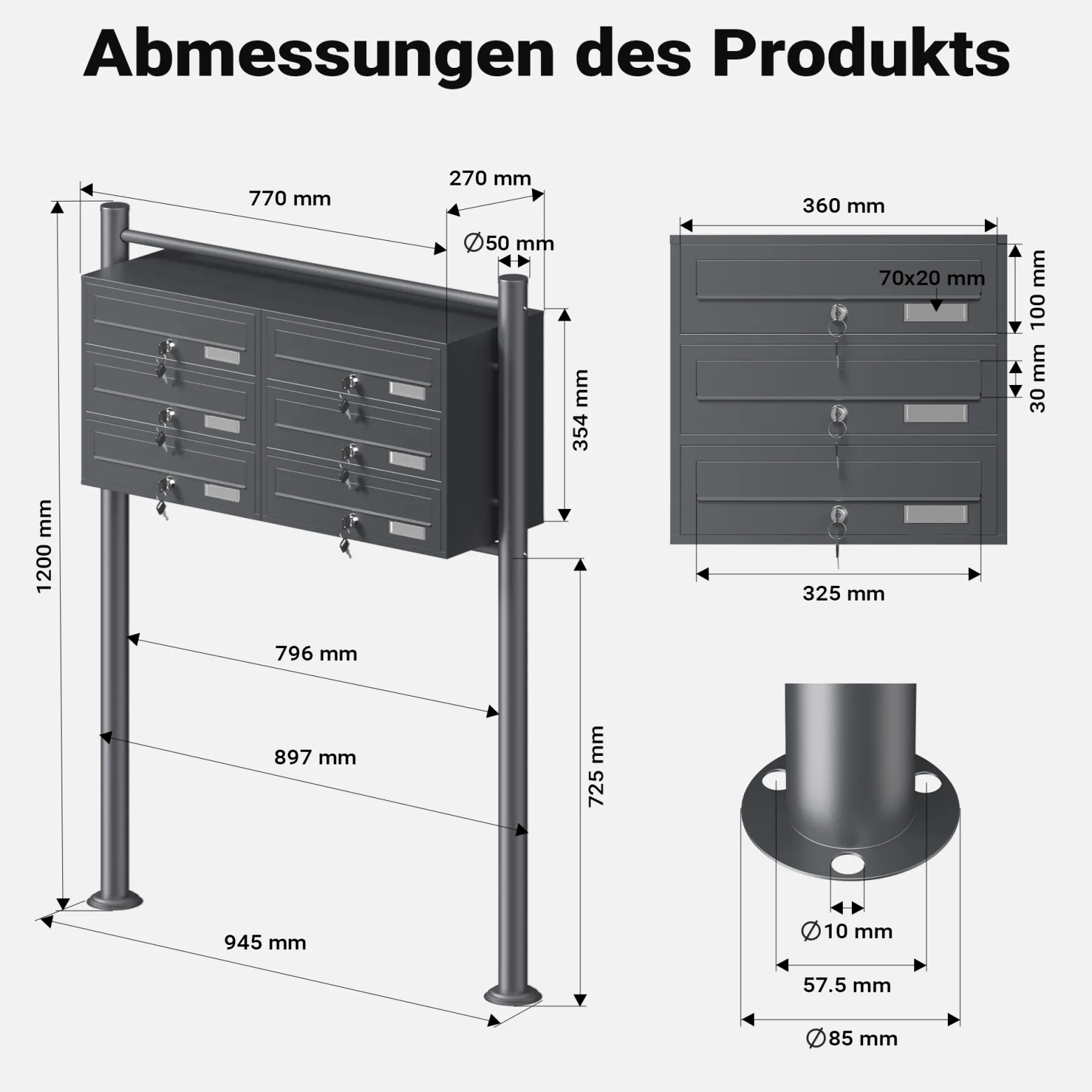 Wiltec 6er Briefkastenanlage Anthrazit 945 x 270 x 1200 mm, Standbriefkasten mit 2x3 Fächern, Schlüssel und Namensschild, Briefkasten Postkasten mit Ständer