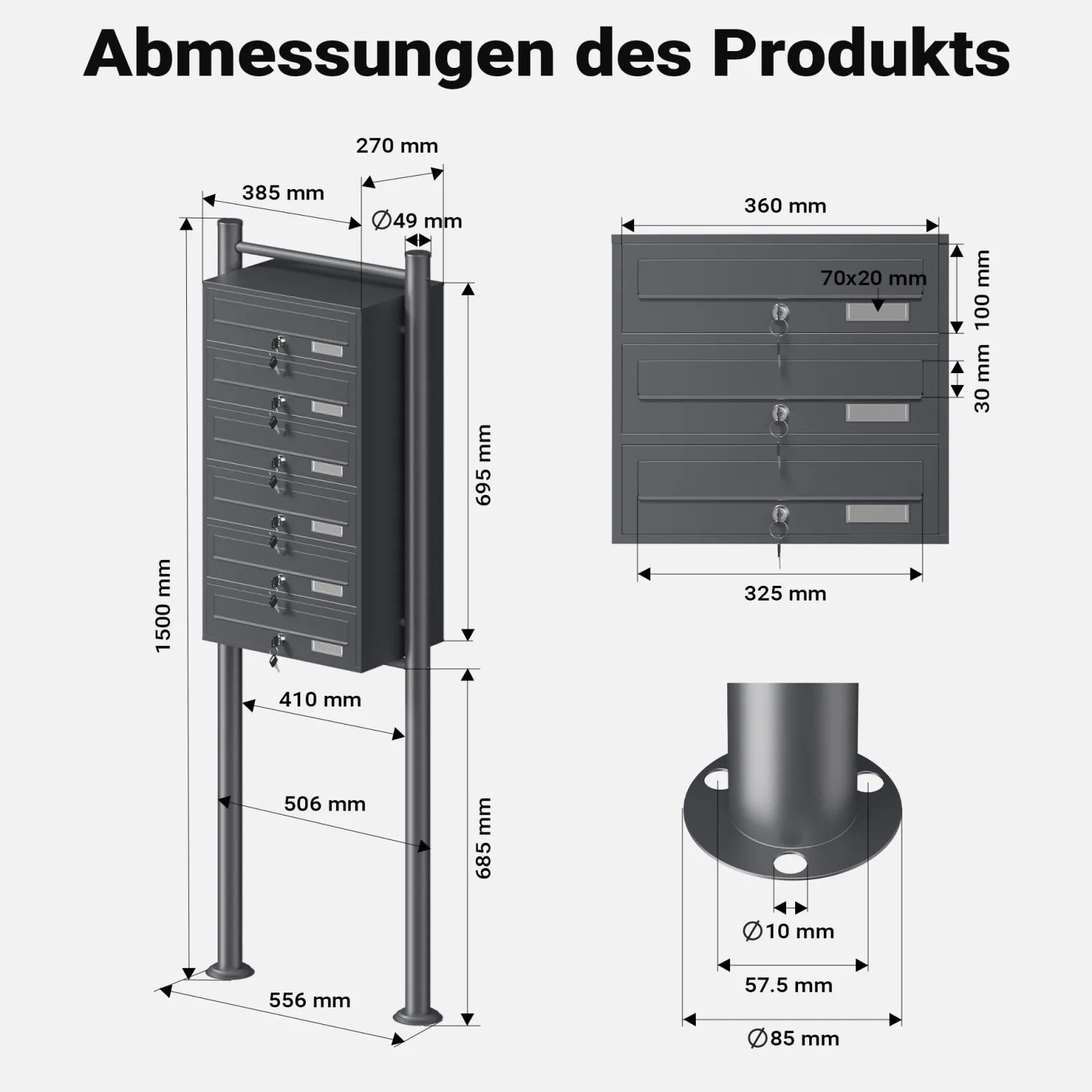 Wiltec 6er Briefkastenanlage Anthrazit 556 x 270 x 1500 mm, Standbriefkasten mit 6 Fächern, Schlüssel und Namensschild, Briefkasten Postkasten mit Ständer