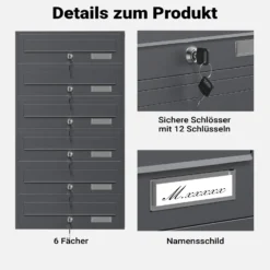 Wiltec 6er Briefkastenanlage Anthrazit 556 x 270 x 1500 mm, Standbriefkasten mit 6 Fächern, Schlüssel und Namensschild, Briefkasten Postkasten mit Ständer