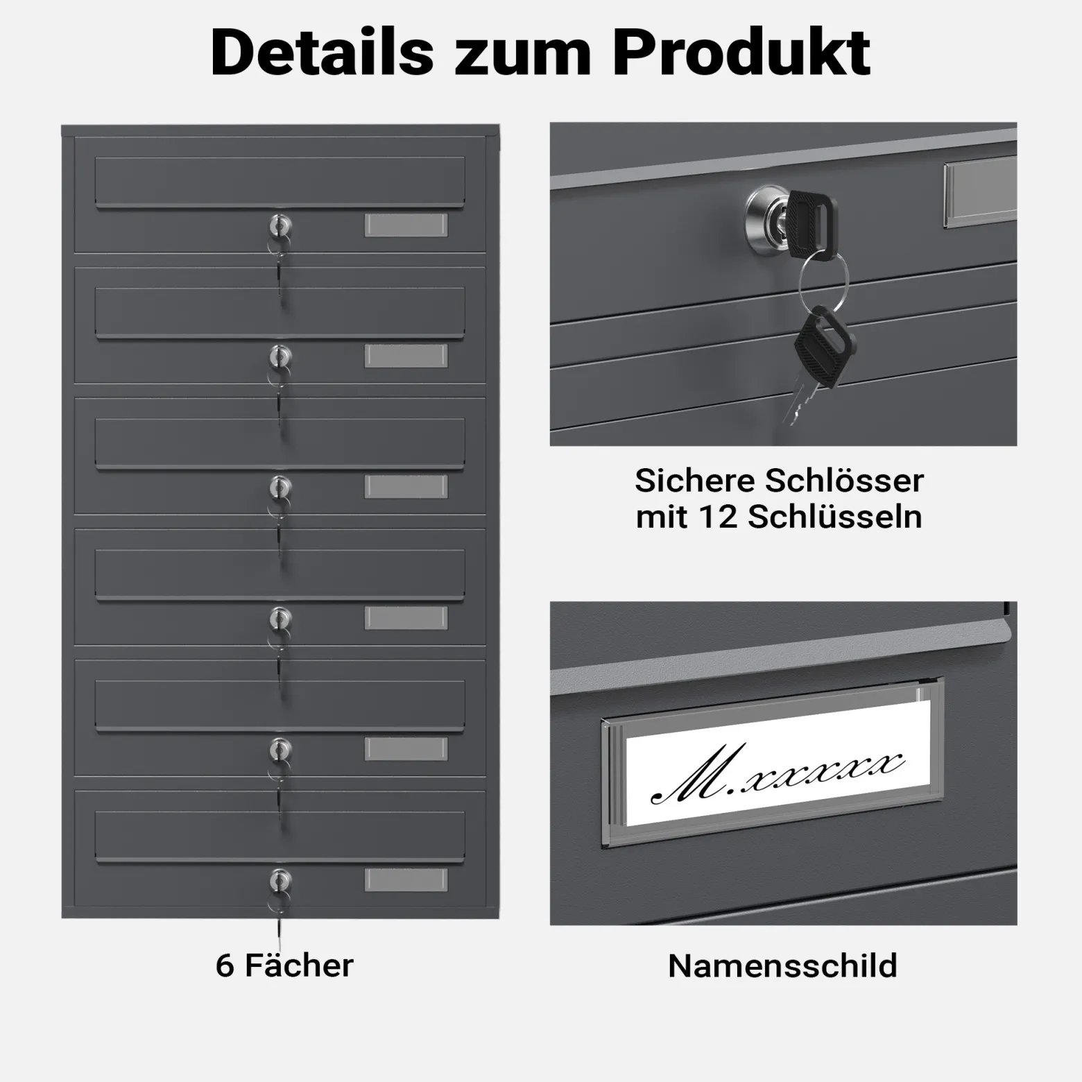 Wiltec 6er Briefkastenanlage Anthrazit 556 x 270 x 1500 mm, Standbriefkasten mit 6 Fächern, Schlüssel und Namensschild, Briefkasten Postkasten mit Ständer