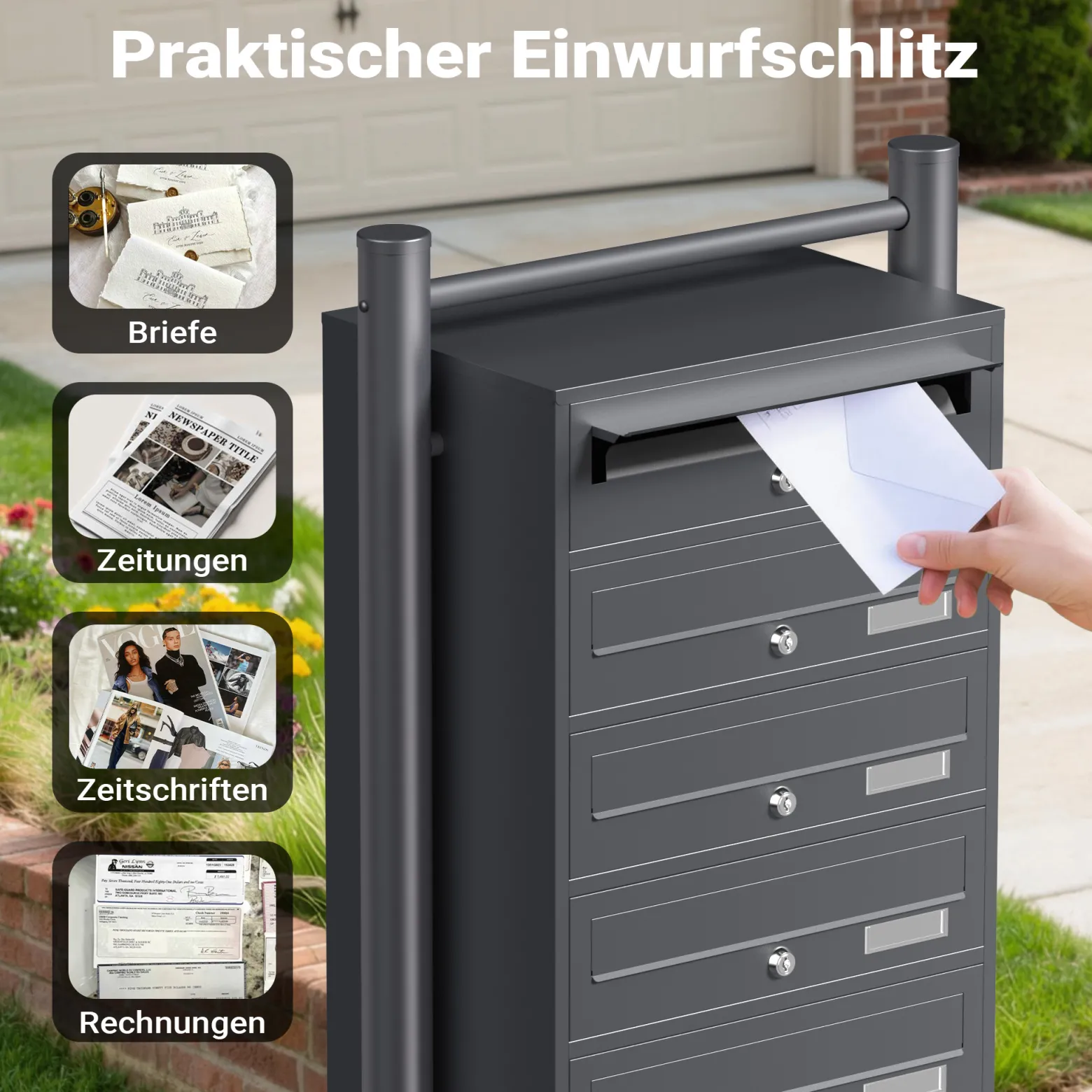 Wiltec 6er Briefkastenanlage Anthrazit 556 x 270 x 1500 mm, Standbriefkasten mit 6 Fächern, Schlüssel und Namensschild, Briefkasten Postkasten mit Ständer