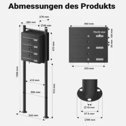 Wiltec 4er Briefkastenanlage schwarz 556 x 270 x 1500 mm, Standbriefkasten mit 4 Fächern, Schlüssel und Namensschild, Briefkasten Postkasten mit Ständer