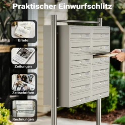 Wiltec 12er Briefkastenanlage Edelstahl 945 x 270 x 1500 mm, Standbriefkasten mit 2x6 Fächern, Schlüssel und Namensschild, Briefkasten Postkasten mit Ständer
