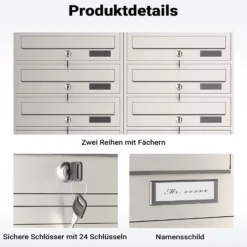 Wiltec 12er Briefkastenanlage Edelstahl 945 x 270 x 1500 mm, Standbriefkasten mit 2x6 Fächern, Schlüssel und Namensschild, Briefkasten Postkasten mit Ständer