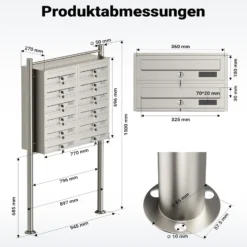 Wiltec 12er Briefkastenanlage Edelstahl 945 x 270 x 1500 mm, Standbriefkasten mit 2x6 Fächern, Schlüssel und Namensschild, Briefkasten Postkasten mit Ständer