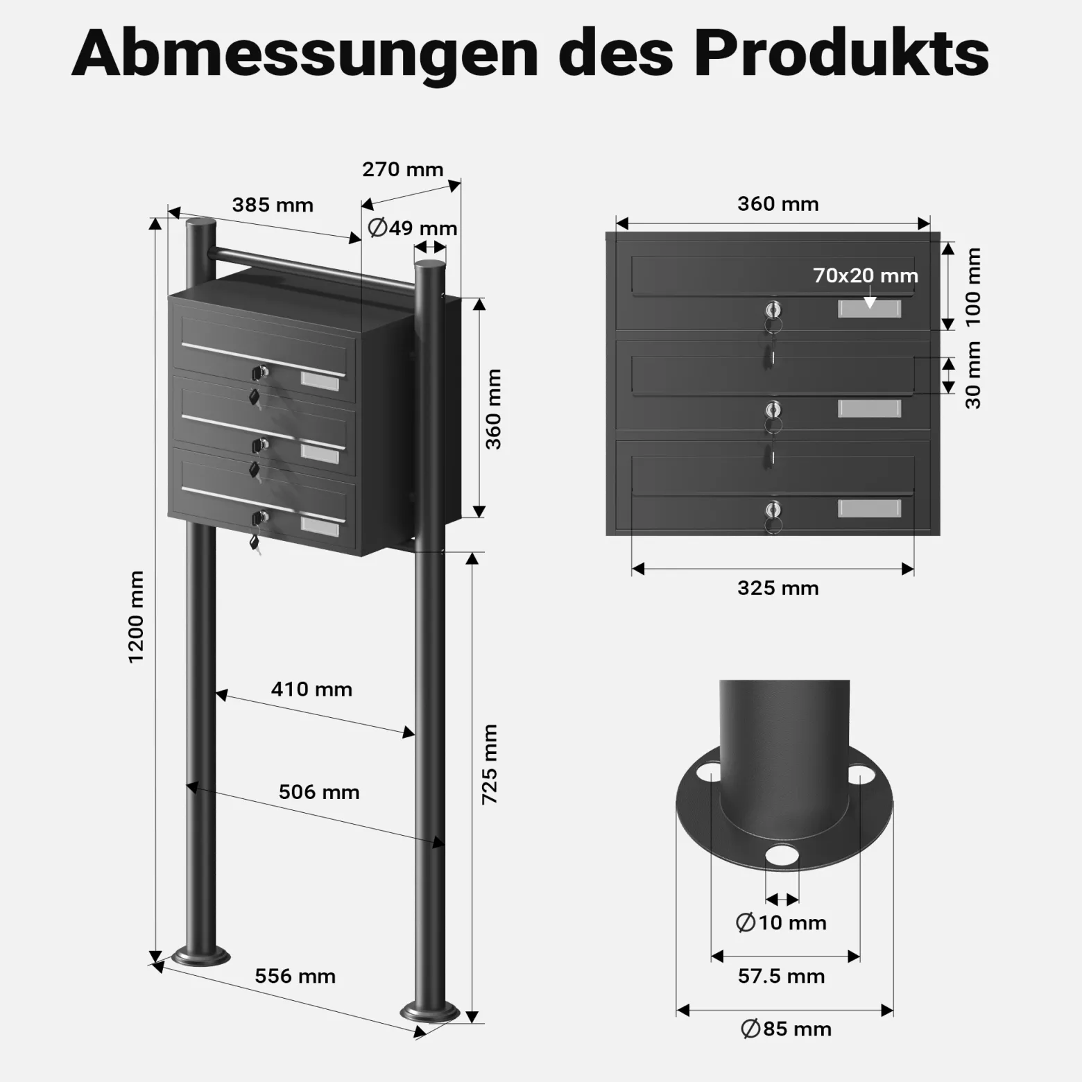 Wiltec 3er Briefkastenanlage schwarz 556 x 270 x 1200 mm, Standbriefkasten mit 3 Fächern, Schlüssel und Namensschild, Briefkasten Postkasten mit Ständer
