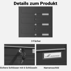 Wiltec 3er Briefkastenanlage schwarz 556 x 270 x 1200 mm, Standbriefkasten mit 3 Fächern, Schlüssel und Namensschild, Briefkasten Postkasten mit Ständer