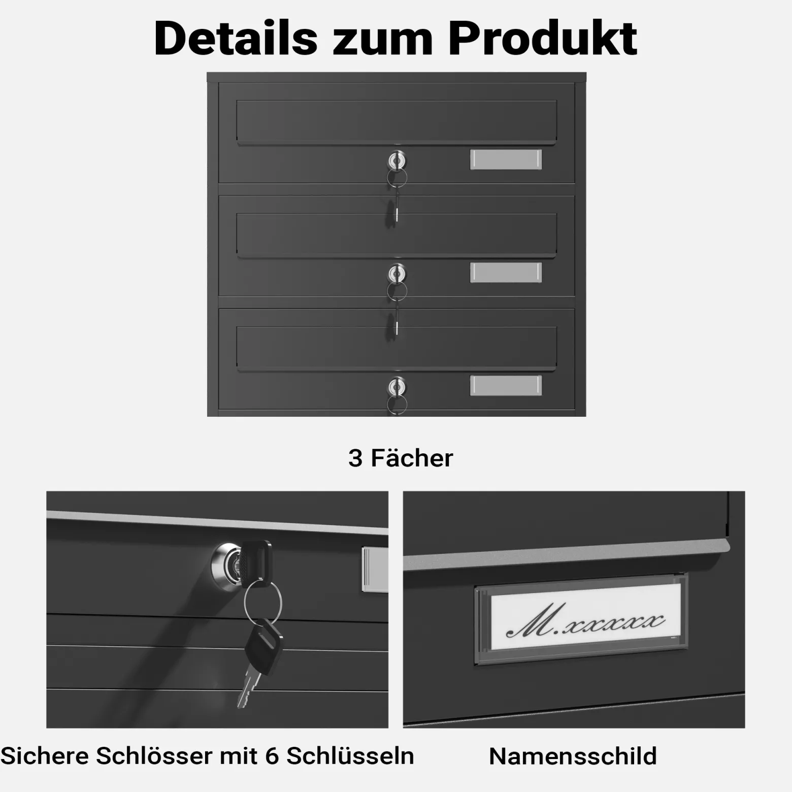 Wiltec 3er Briefkastenanlage schwarz 556 x 270 x 1200 mm, Standbriefkasten mit 3 Fächern, Schlüssel und Namensschild, Briefkasten Postkasten mit Ständer